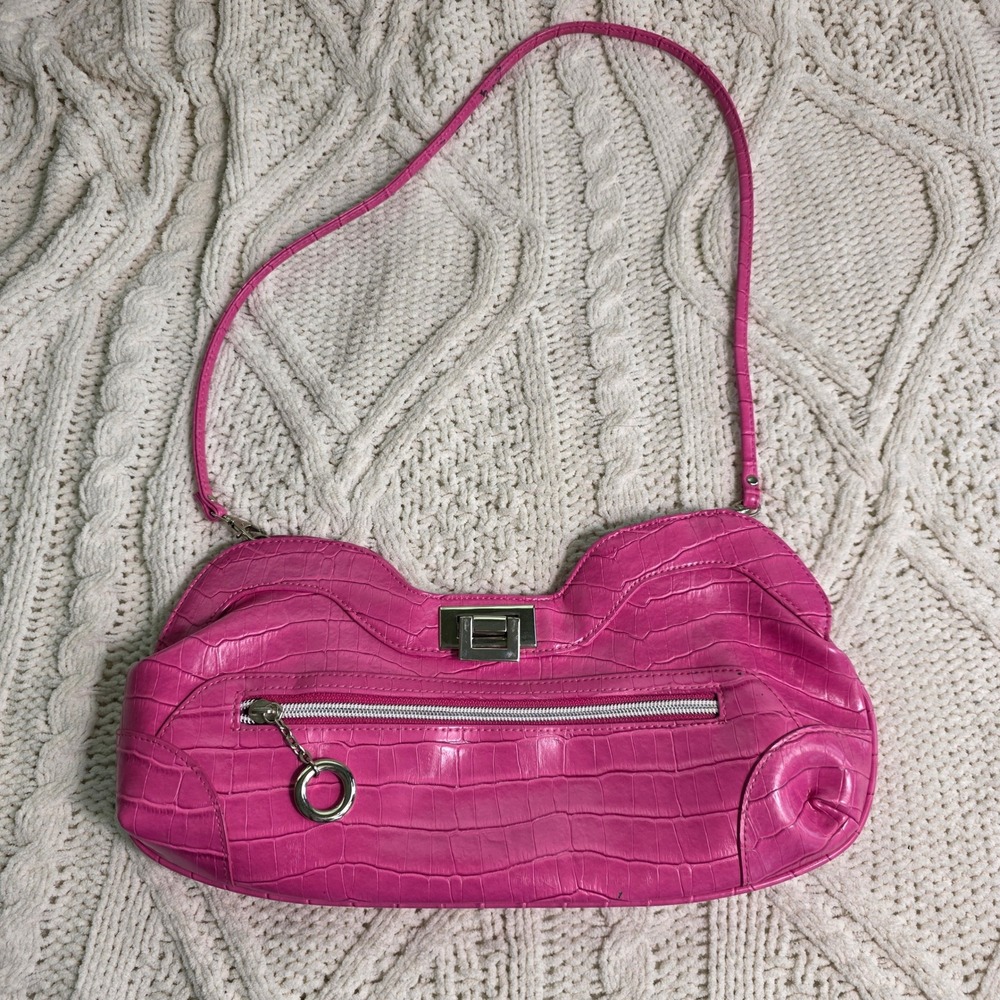 VTG Elka Handbags Shoulder Bag Neon Pink Croc Embossed Faux Leather 80s 90s